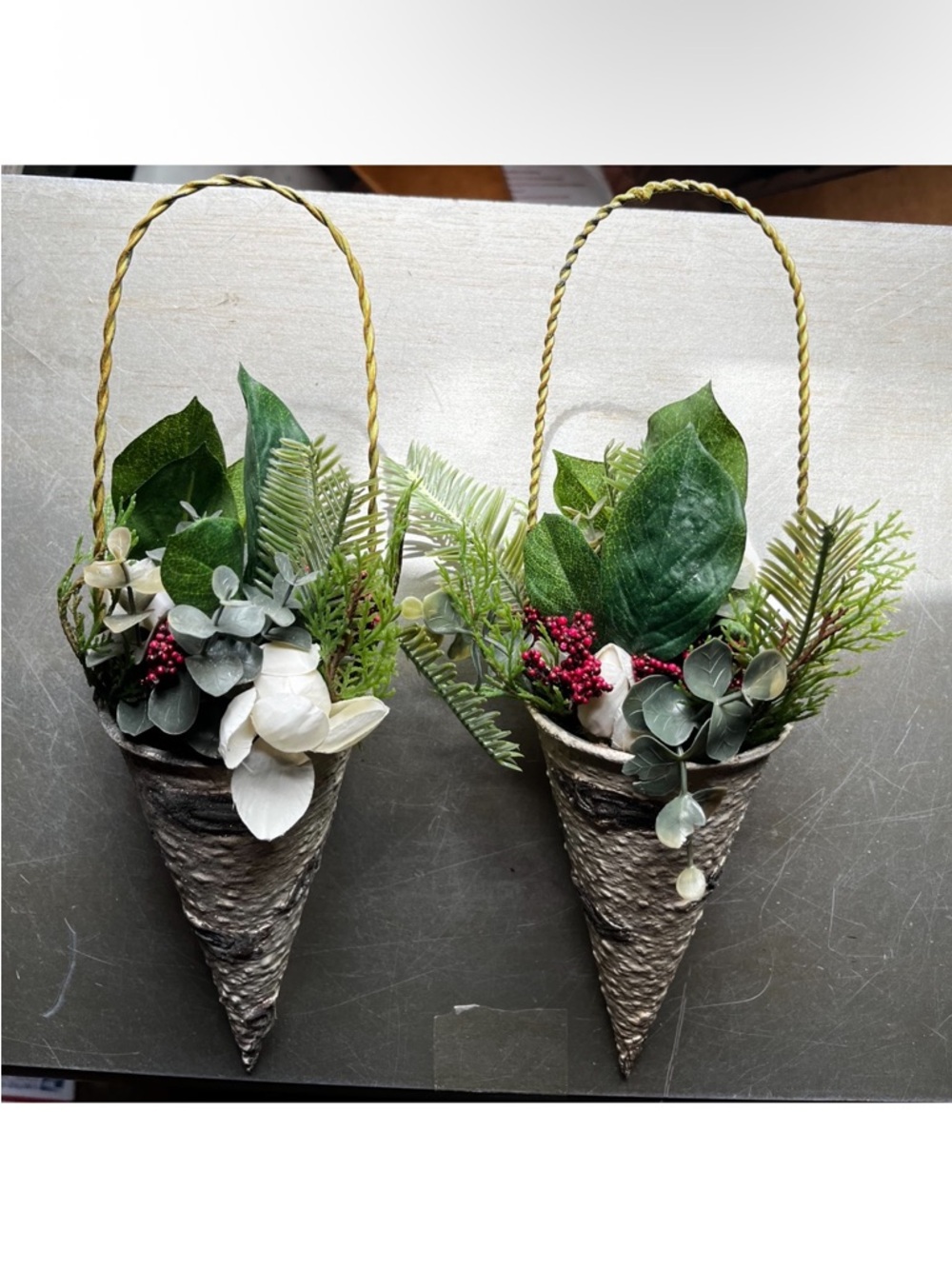 Set of 2 Rustic Wall Pocket Planters Faux Greenery Floral Hanging Decor